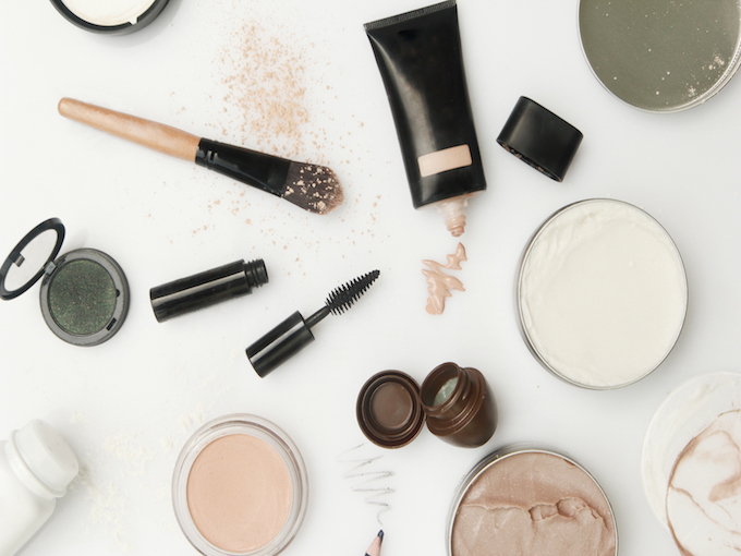 Top view of different cosmetics products